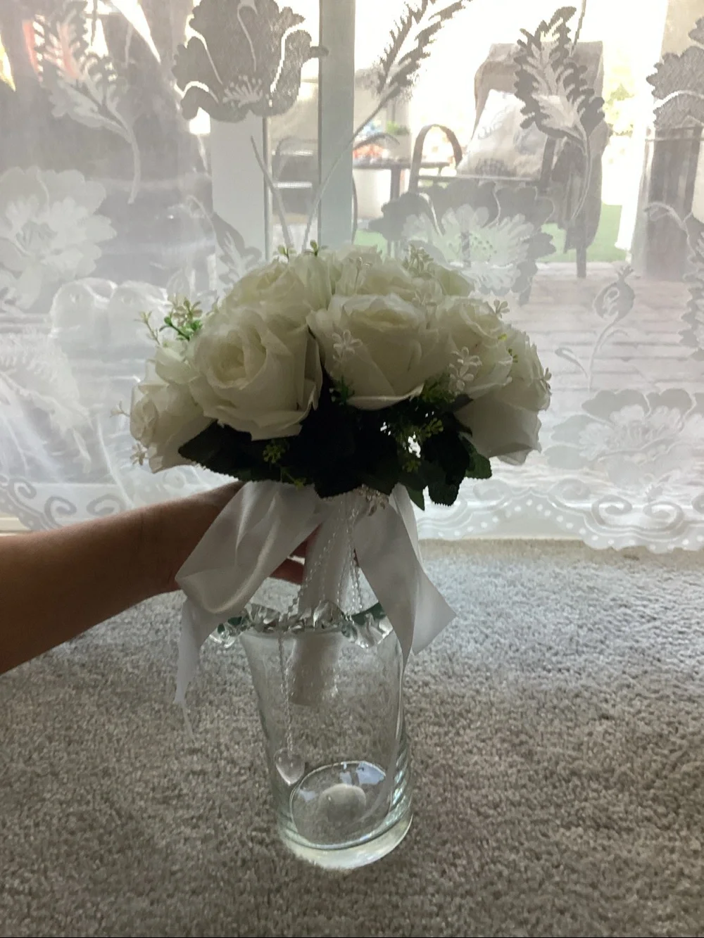 White Rose Bridal Bouquet with Satin Ribbon and hanging heart ❤️ NEW NEVER USED